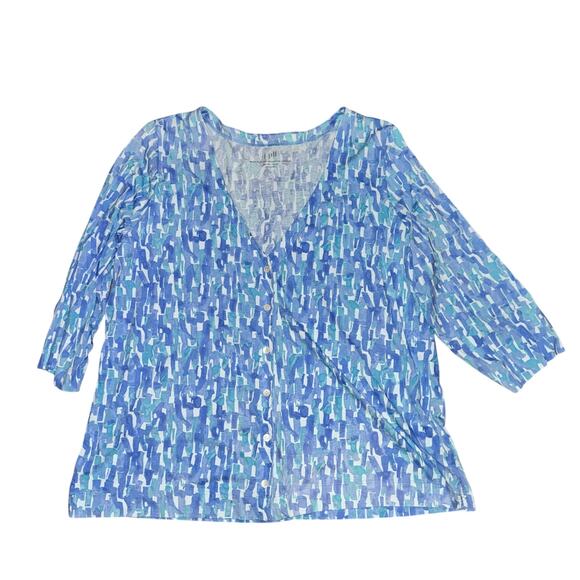 J Jill Printed Extra Fine Pima Cotton Cardigan Women's Size XL Blue 3/4 Sleeve - Picture 1 of 5